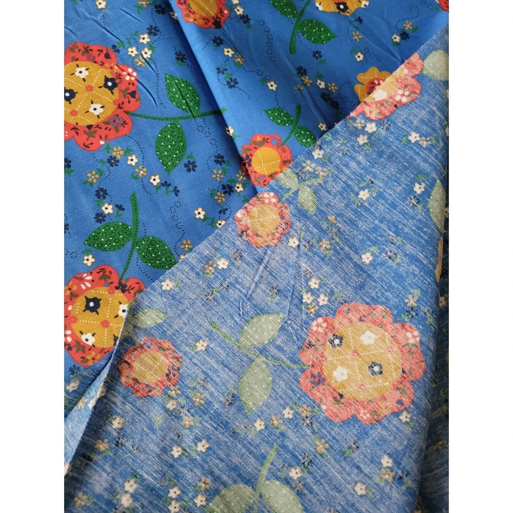 VTG 1970s JCPenney Blue Floral Fabric Polyester Blend Retro Flower Print 69x44